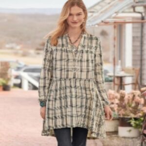 Sundance Women's Plaid Cotton Ruffled Tieree Tunic Medium Cream and Black